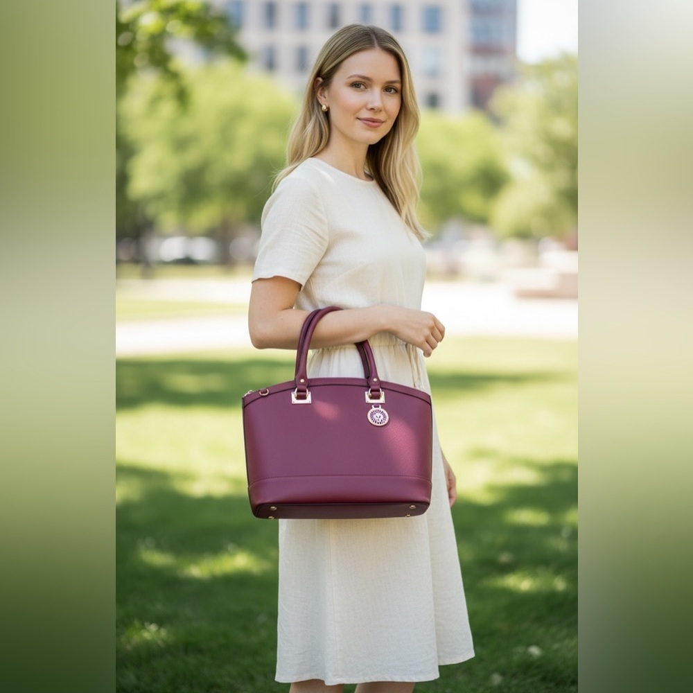 Anne Klein Lion Medallion Burgundy Saffiano Satchel Tote Bag